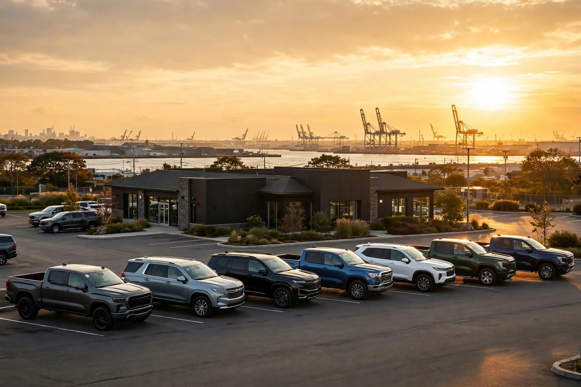 New Nissan trucks and SUVs outside a dealership in Rhode Island near Providence