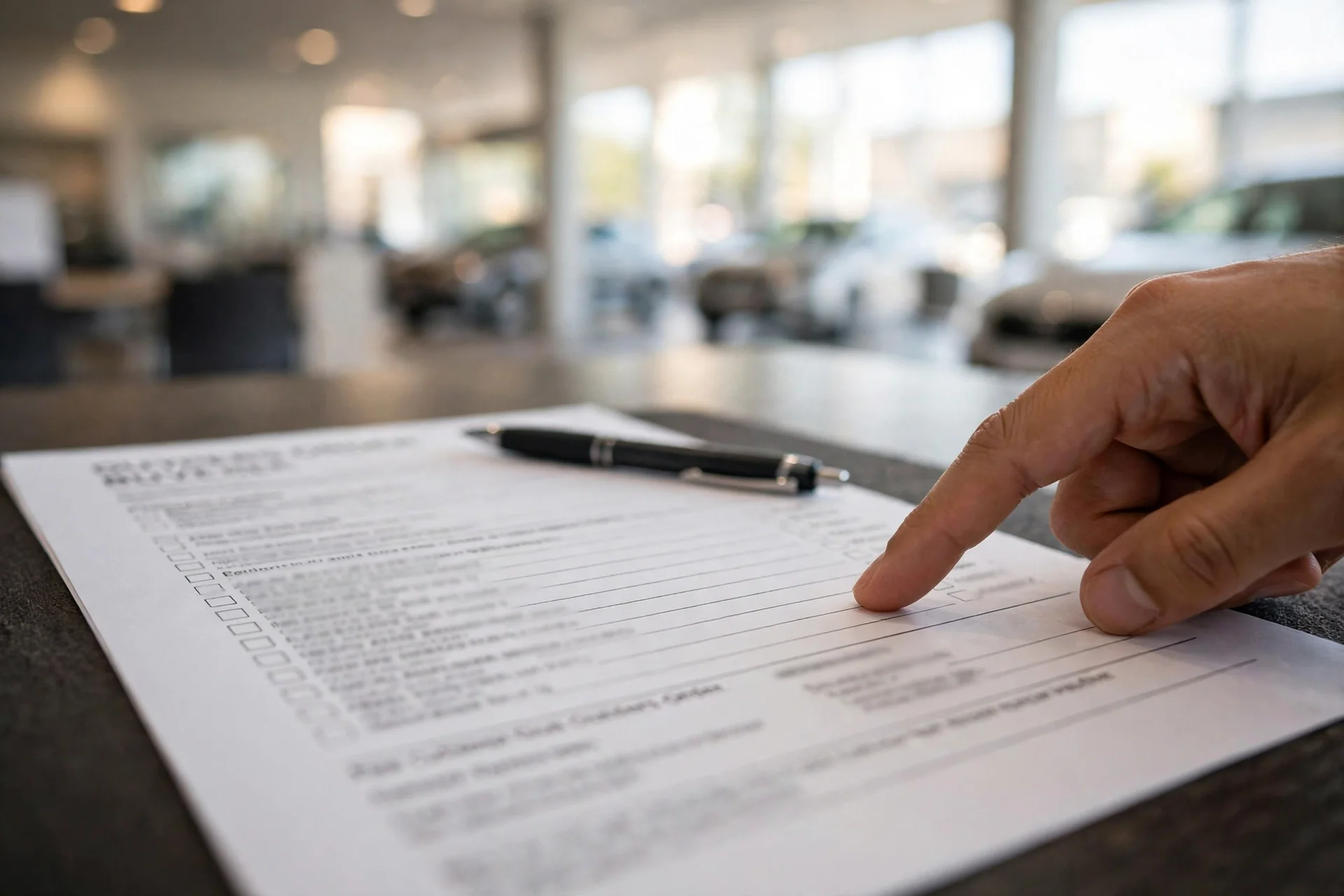A vehicle buyer's order on a dealership sales desk, with a customer's hand pointing at the fee line near the bottom of the page