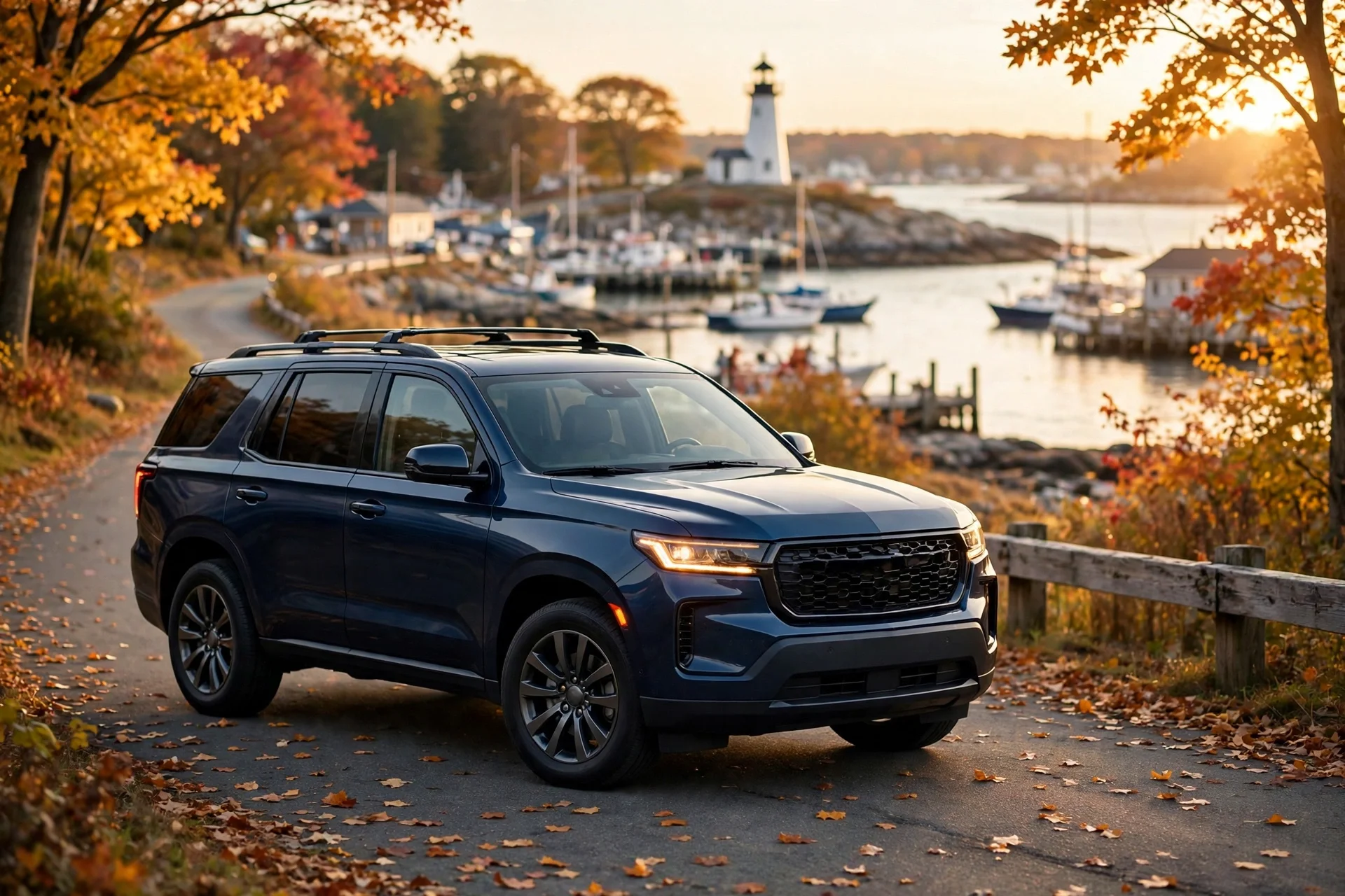 A 2026 Chevrolet Tahoe on a coastal Massachusetts road at golden hour