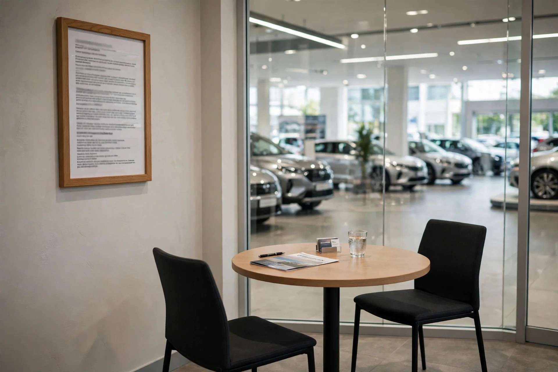 A framed informational notice sign on the wall of a dealership sales negotiation area, beside a small table and chairs