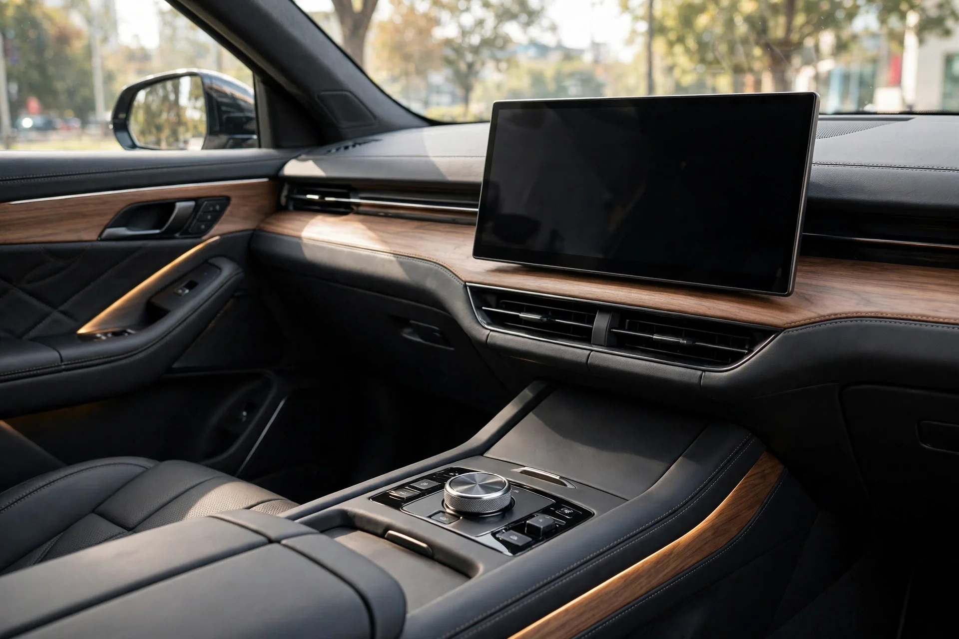 Redesigned SUV cockpit with a large touchscreen, wood trim, and ambient lighting