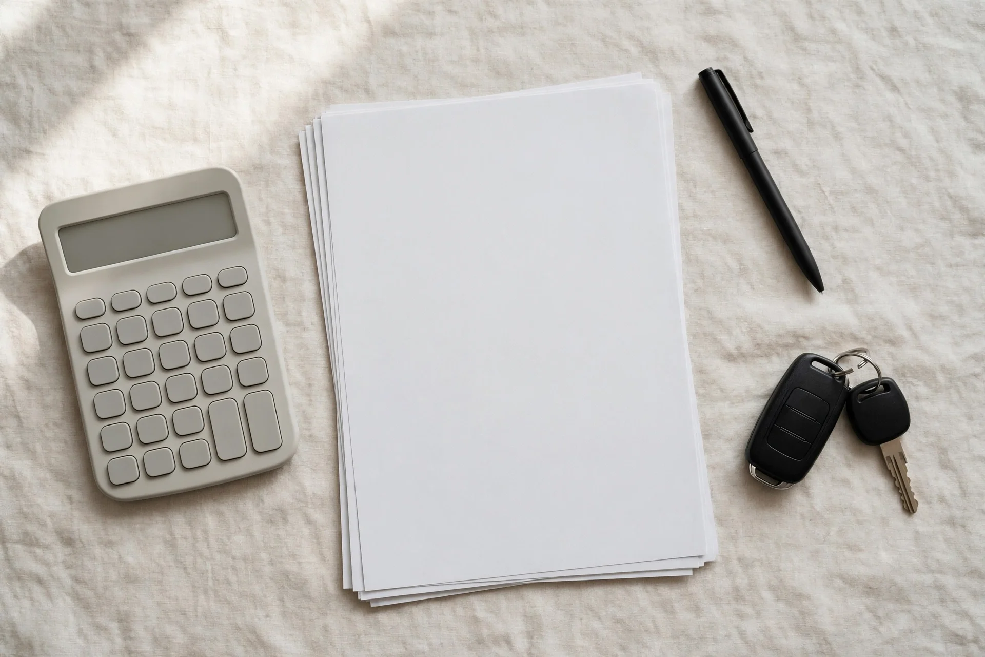 Calculator, pen, and car keys on a desk with purchase paperwork