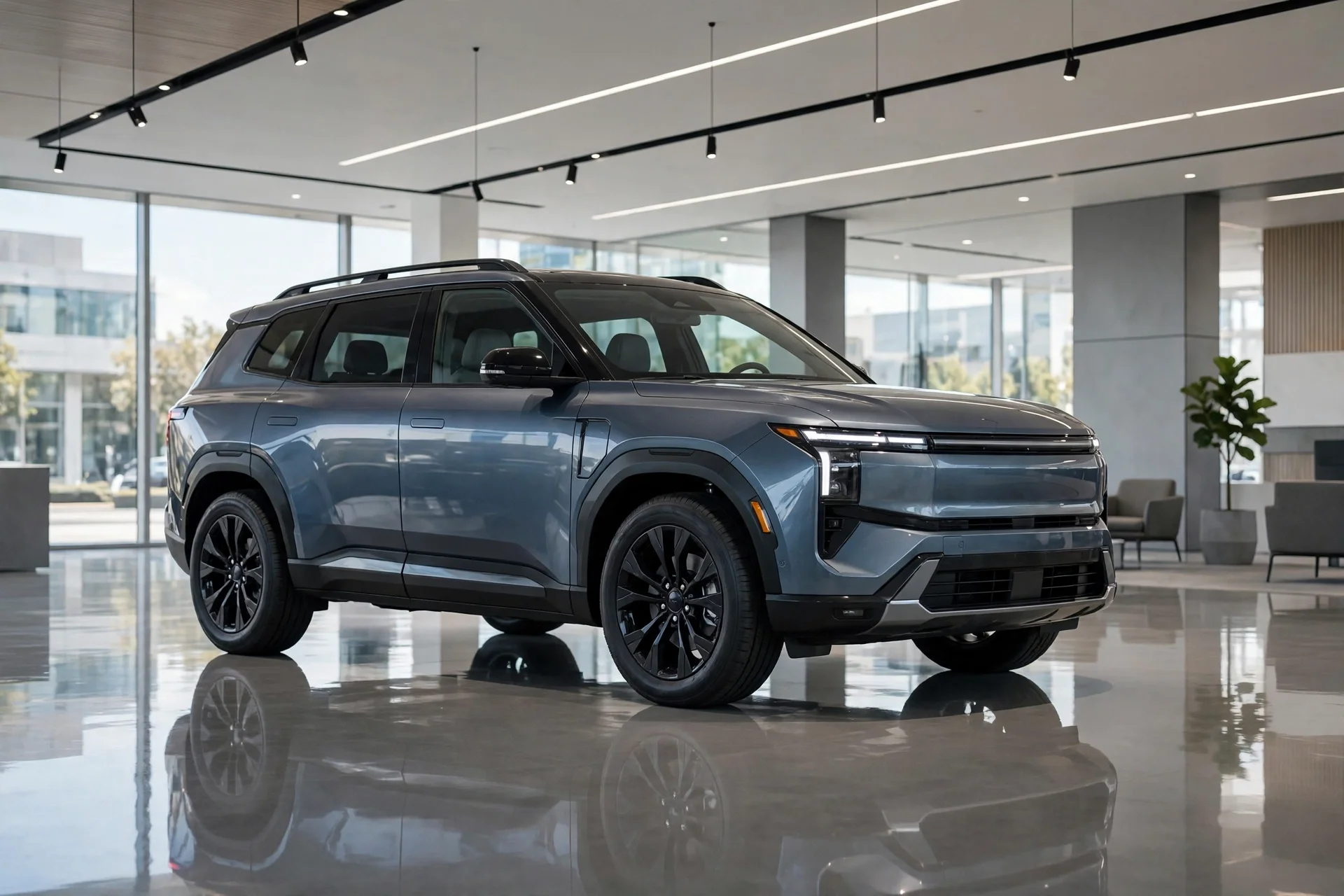 Ford Explorer three-row SUV in a dealership showroom