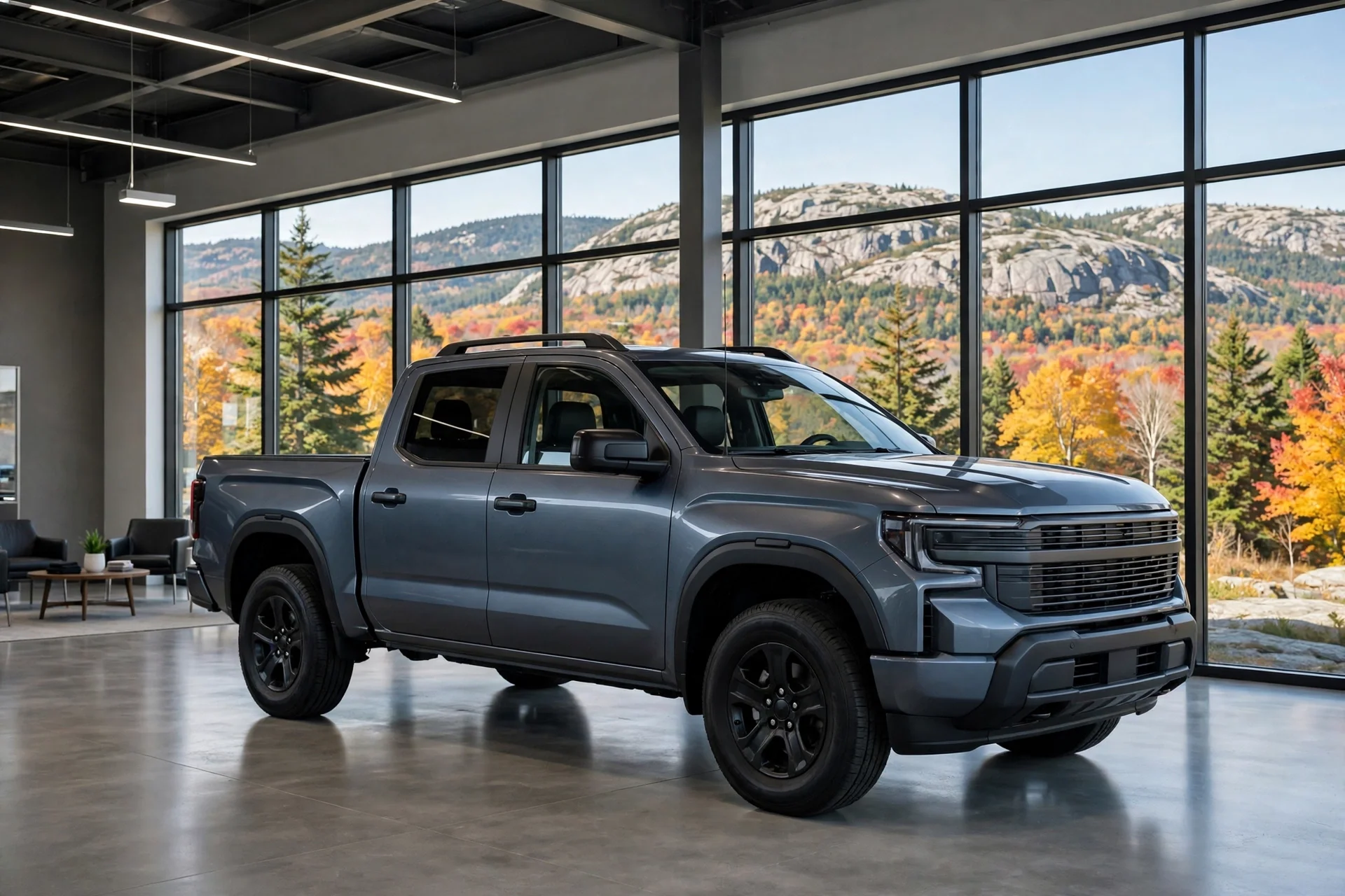 A pickup truck in a dealership showroom overlooking New Hampshire hills