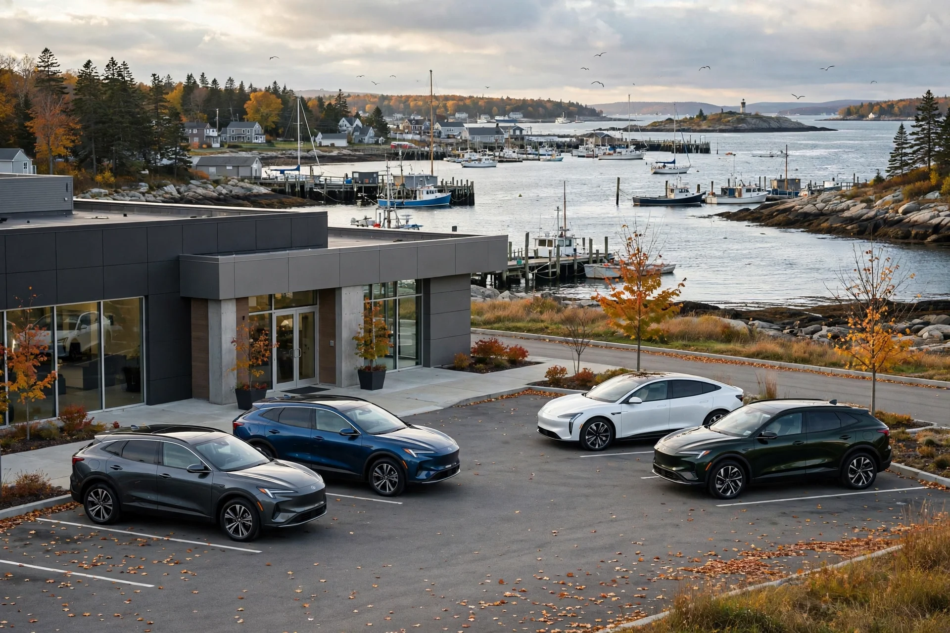 New Hyundai SUVs outside a dealership on the Maine coast near Portland