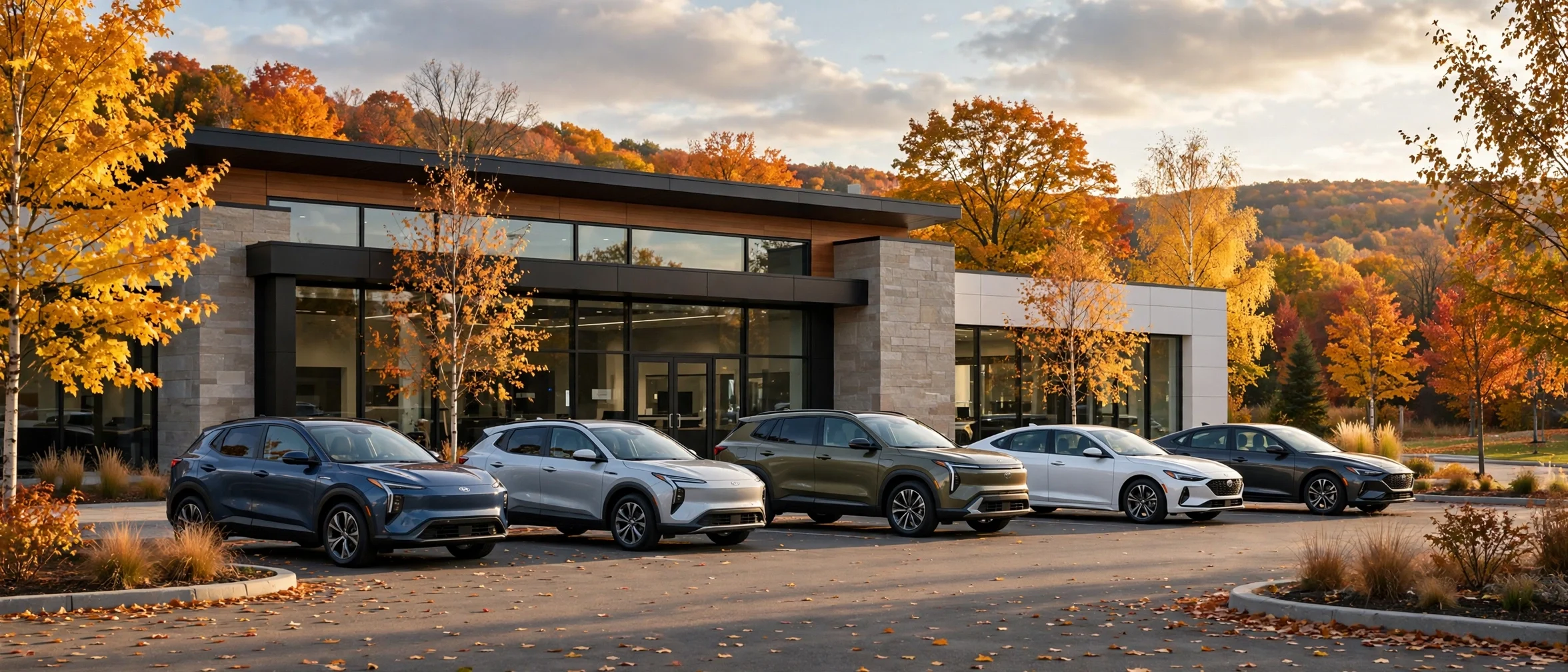 New Kia SUVs outside a Rhode Island dealership at golden hour