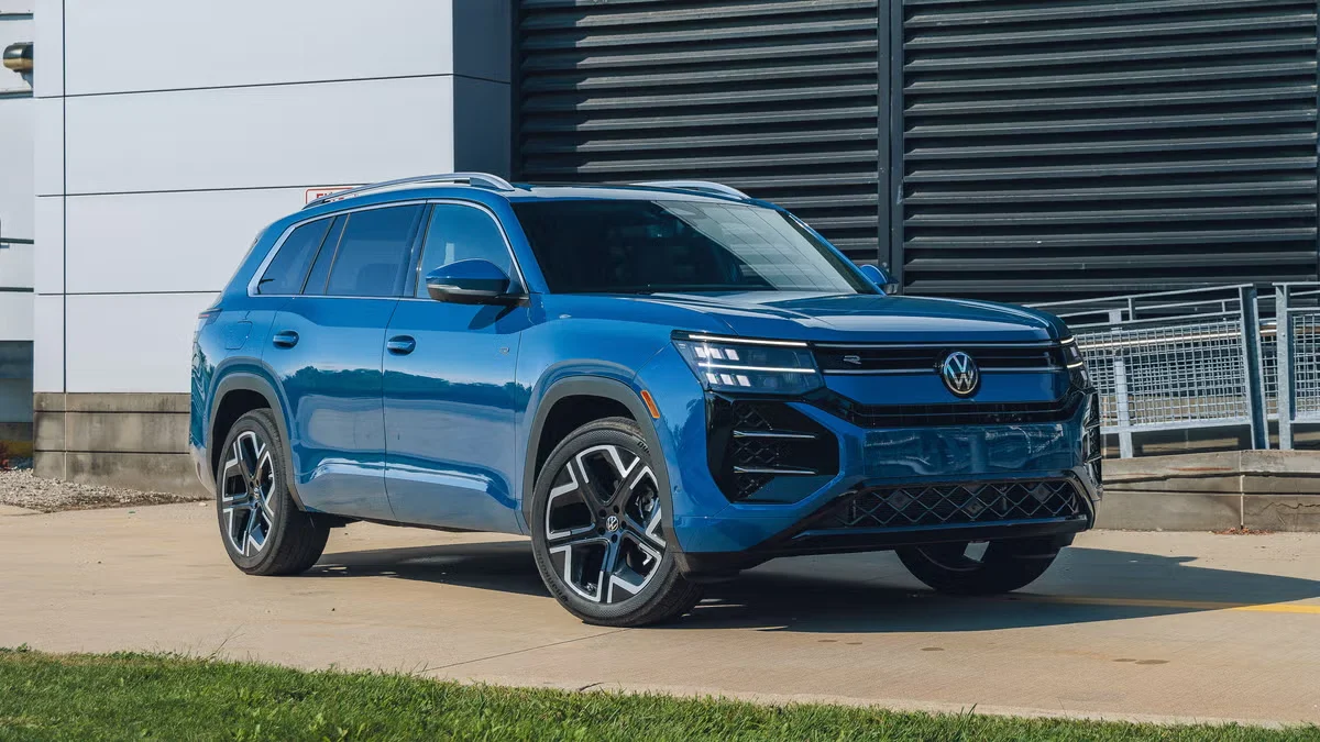 Redesigned 2027 Volkswagen Atlas three-row SUV on a New Hampshire road in autumn