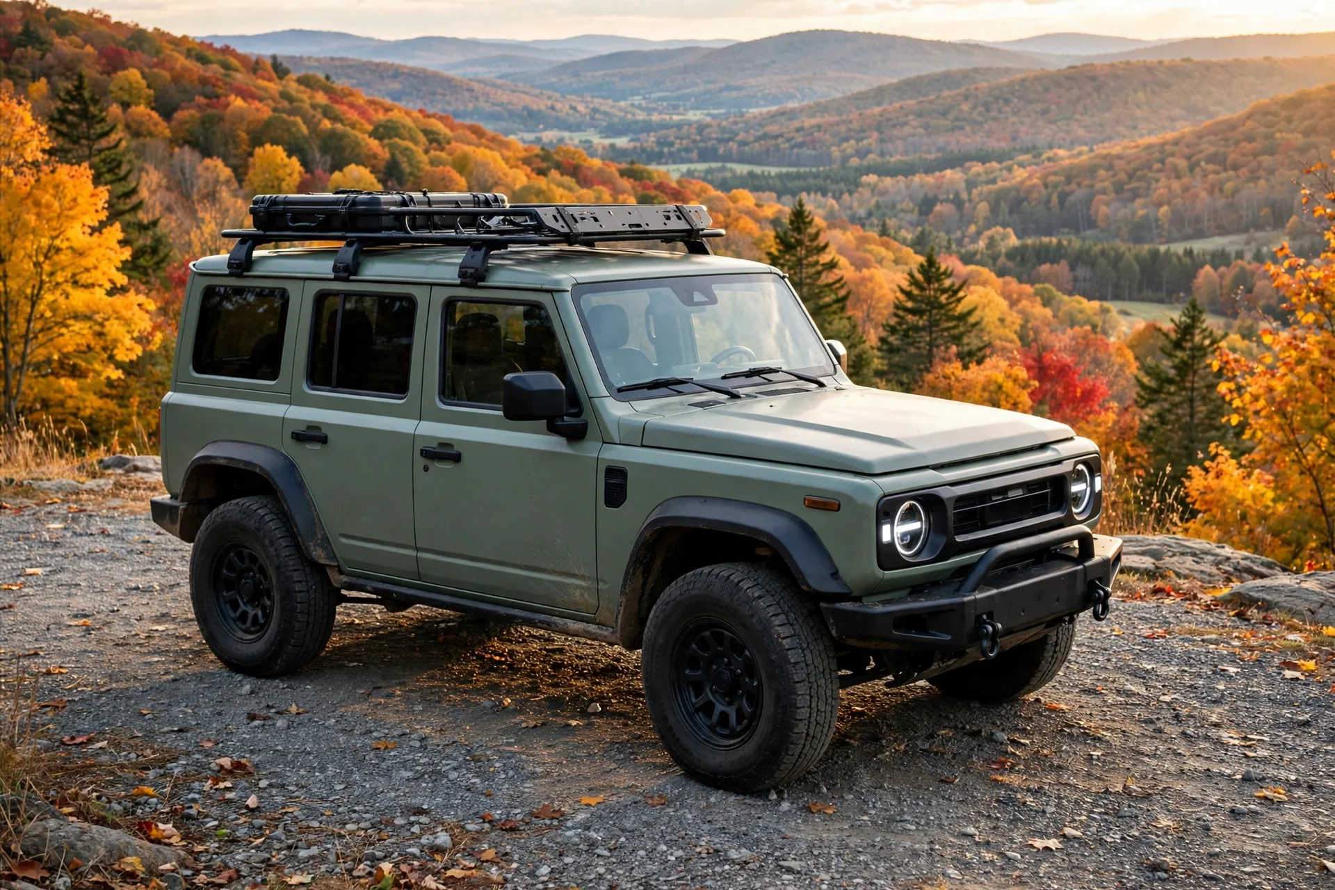 A rugged off-road SUV in New England in the fall.