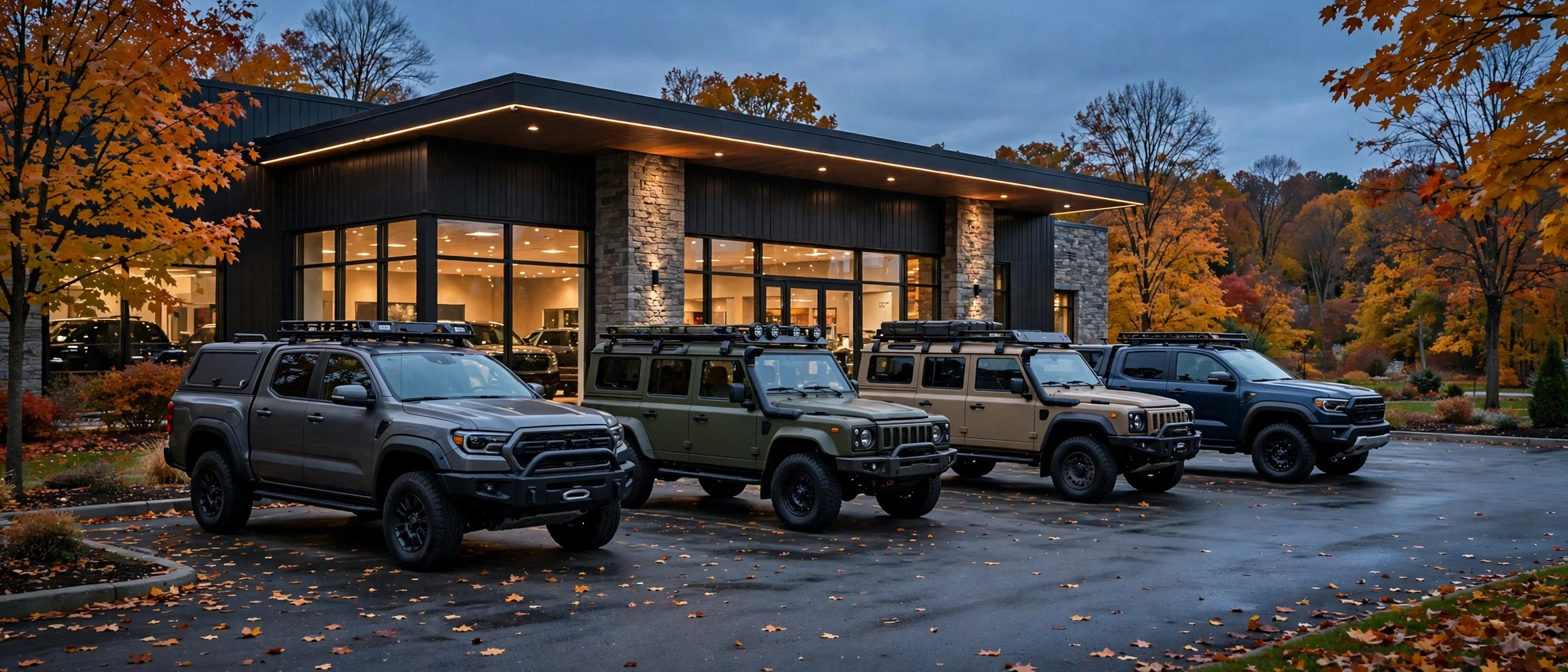 New Ram trucks and Jeep SUVs outside a Hartford Connecticut dealership at dusk