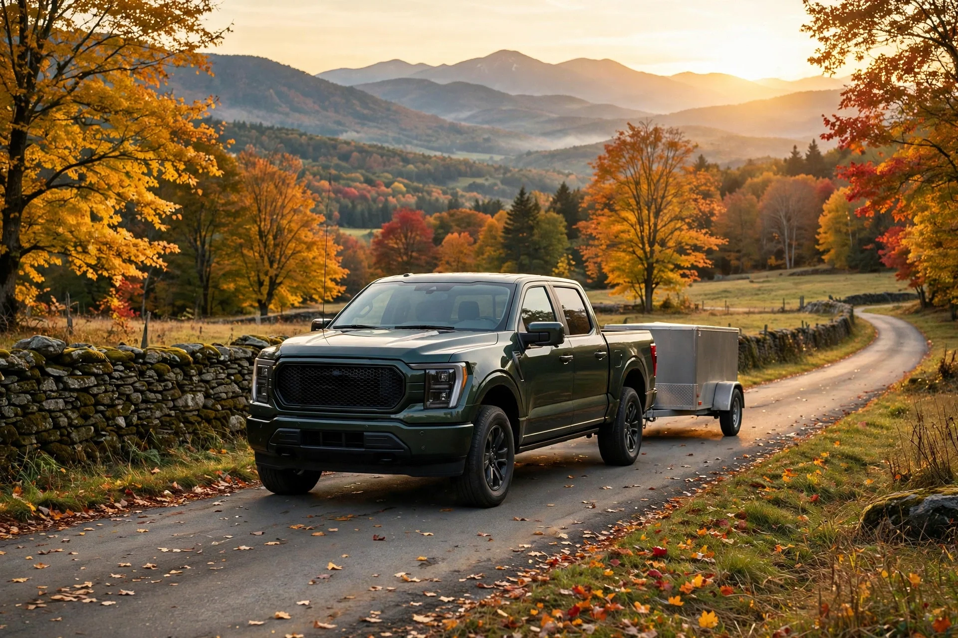 A GMC Sierra 1500-style full-size pickup towing a trailer on a New Hampshire road in autumn.