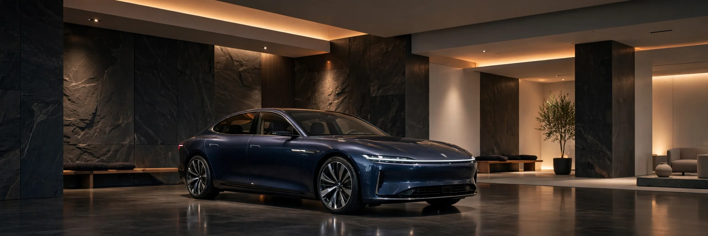 An elegant luxury sedan in an upscale dealership showroom
