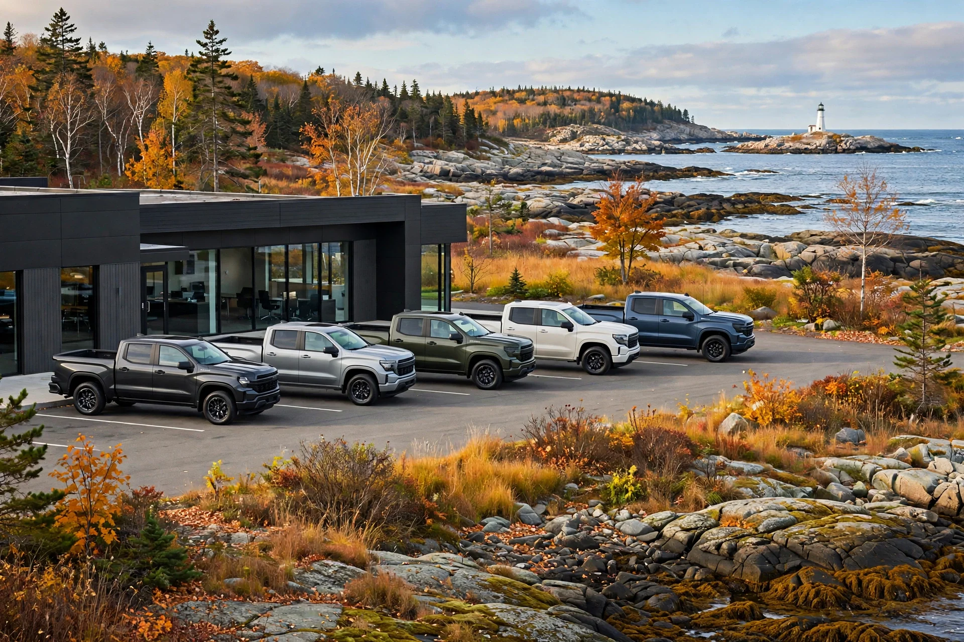New Ford trucks outside a dealership on the Maine coast near Portland