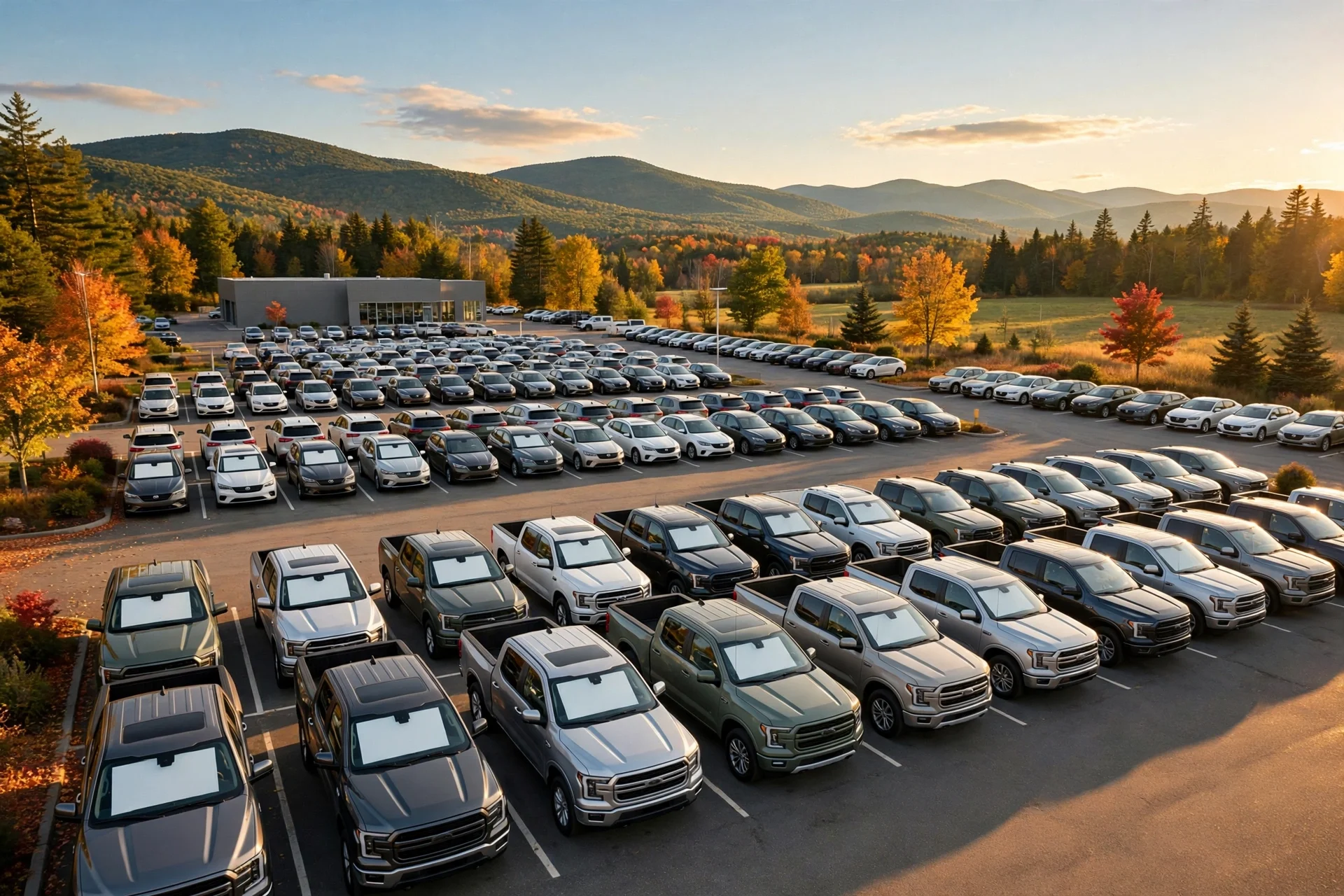 New vehicles lined up on a New Hampshire dealership lot in autumn