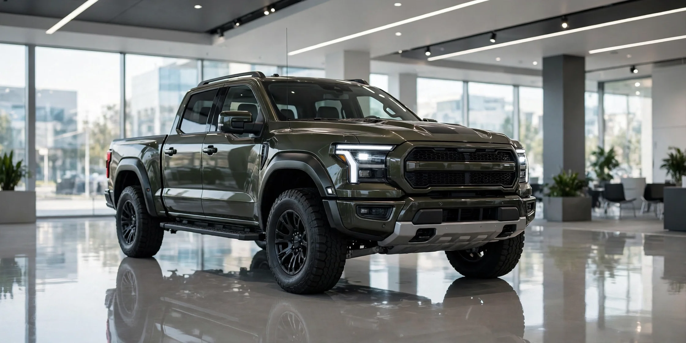 A new Ram 1500-style full-size pickup truck in a dealership showroom.