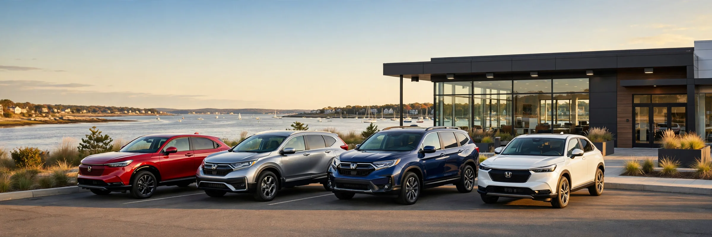 Row of new Honda SUVs parked outside a Honda dealership in Rhode Island