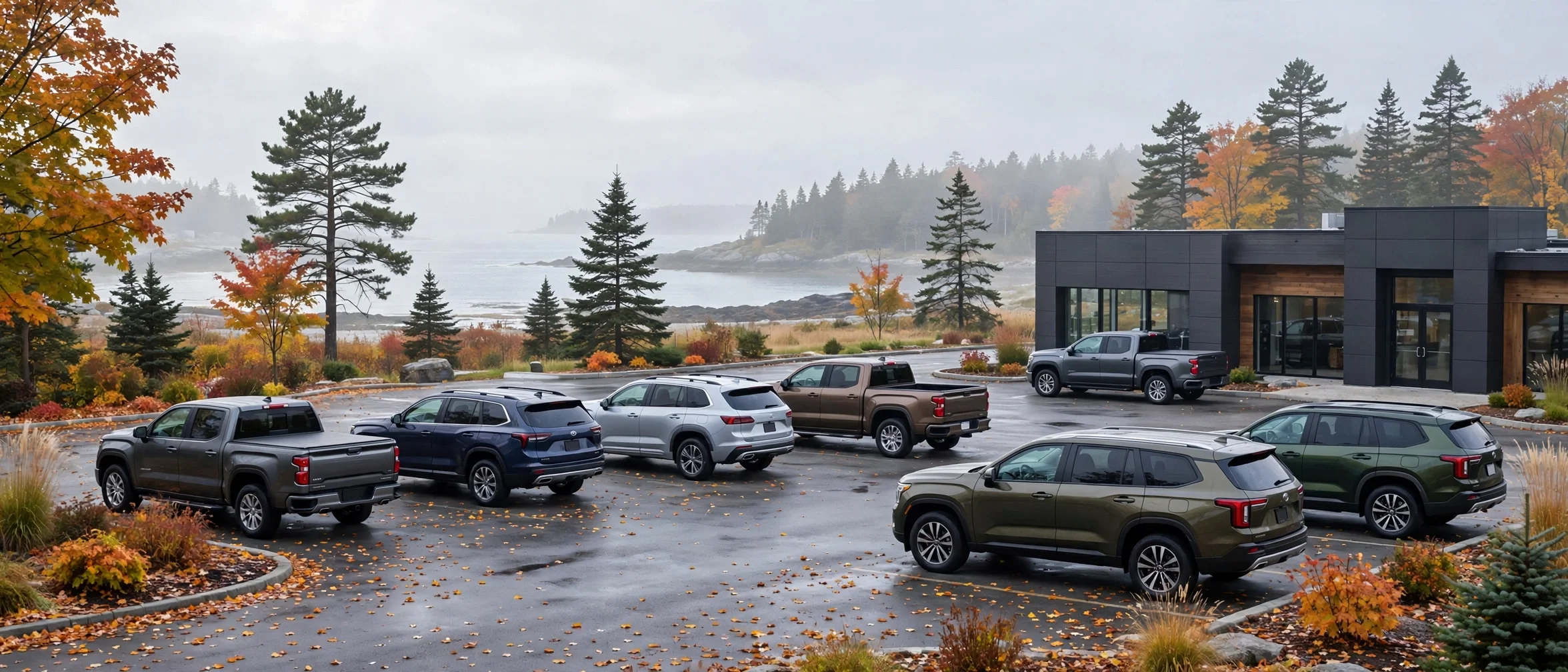 New Nissan trucks and SUVs outside a dealership near Portland Maine in the morning