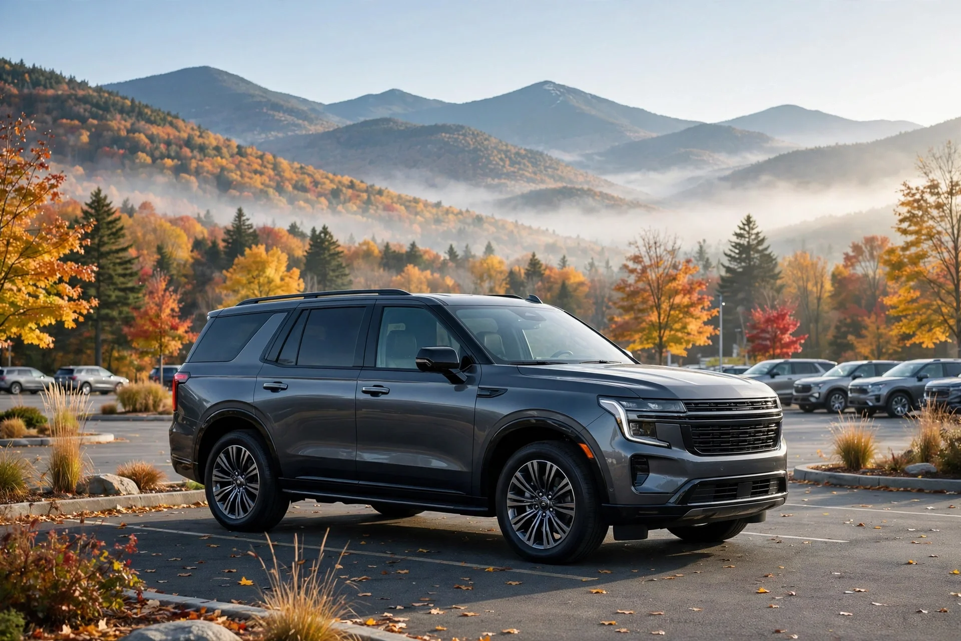 A full-size SUV on a dealership lot with mountains in the distance