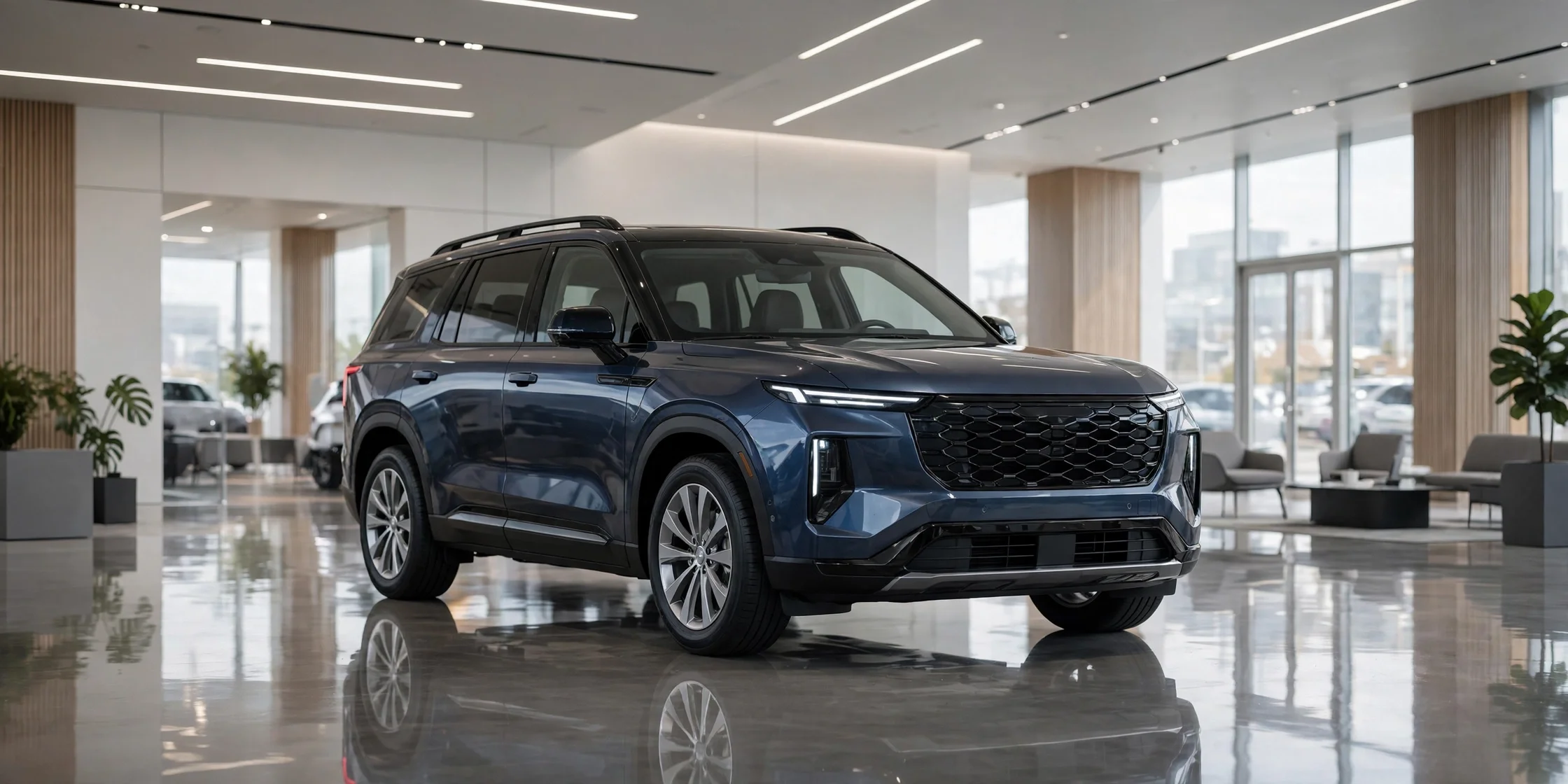 A new Hyundai Palisade-style three-row family SUV in a dealership showroom.