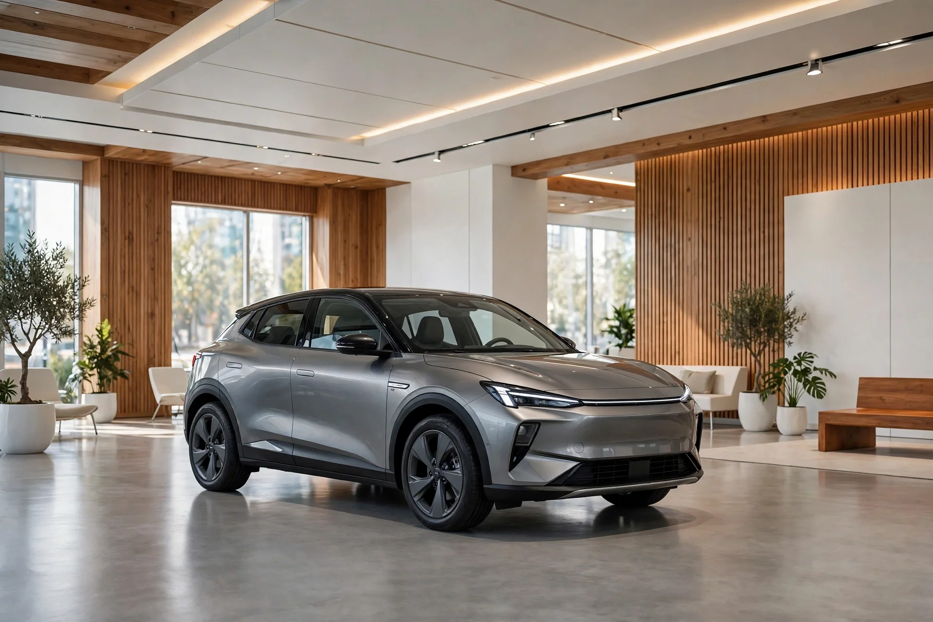 A stylish compact crossover in a bright dealership showroom