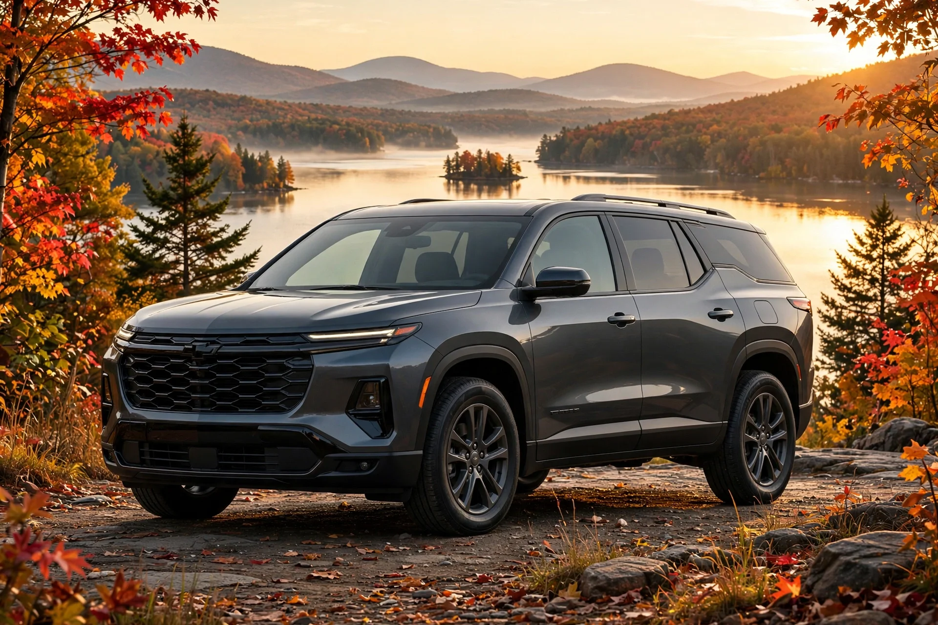 2026 Chevrolet Traverse three-row SUV at a New England overlook in autumn