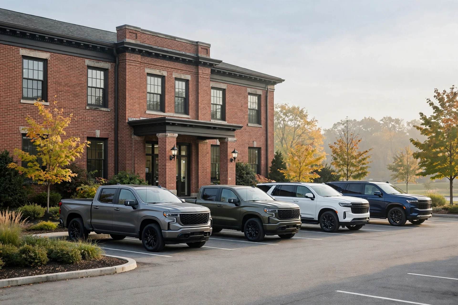 New GMC trucks and Buick SUVs outside a Hartford Connecticut dealership in the morning