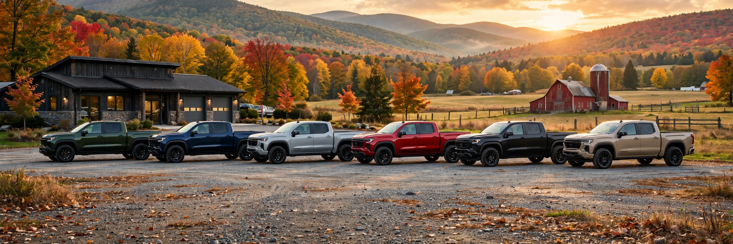 New pickup trucks at a Vermont Ford dealership with the Green Mountains behind