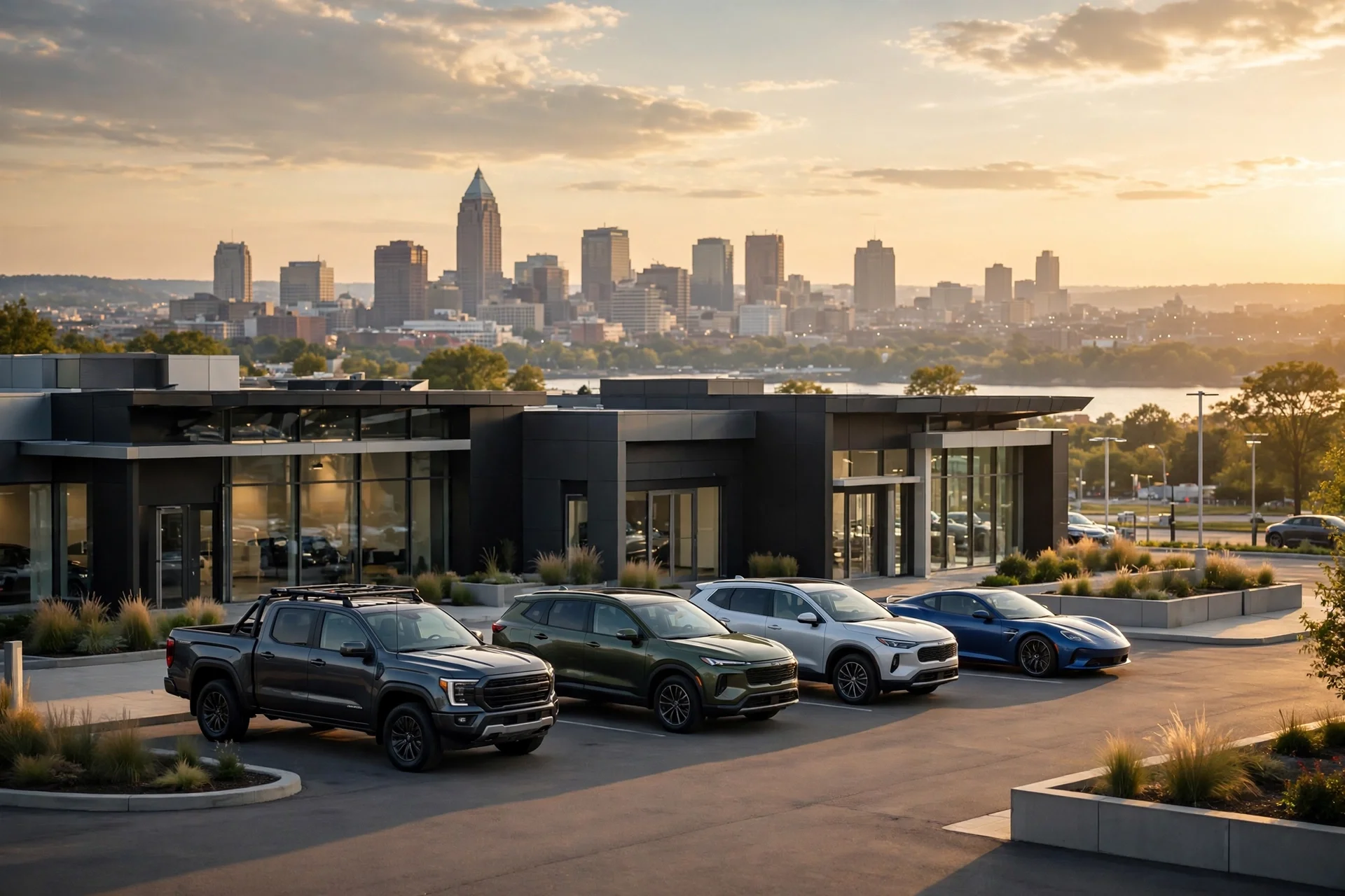 New Nissan SUVs and trucks outside a Hartford Connecticut dealership at golden hour