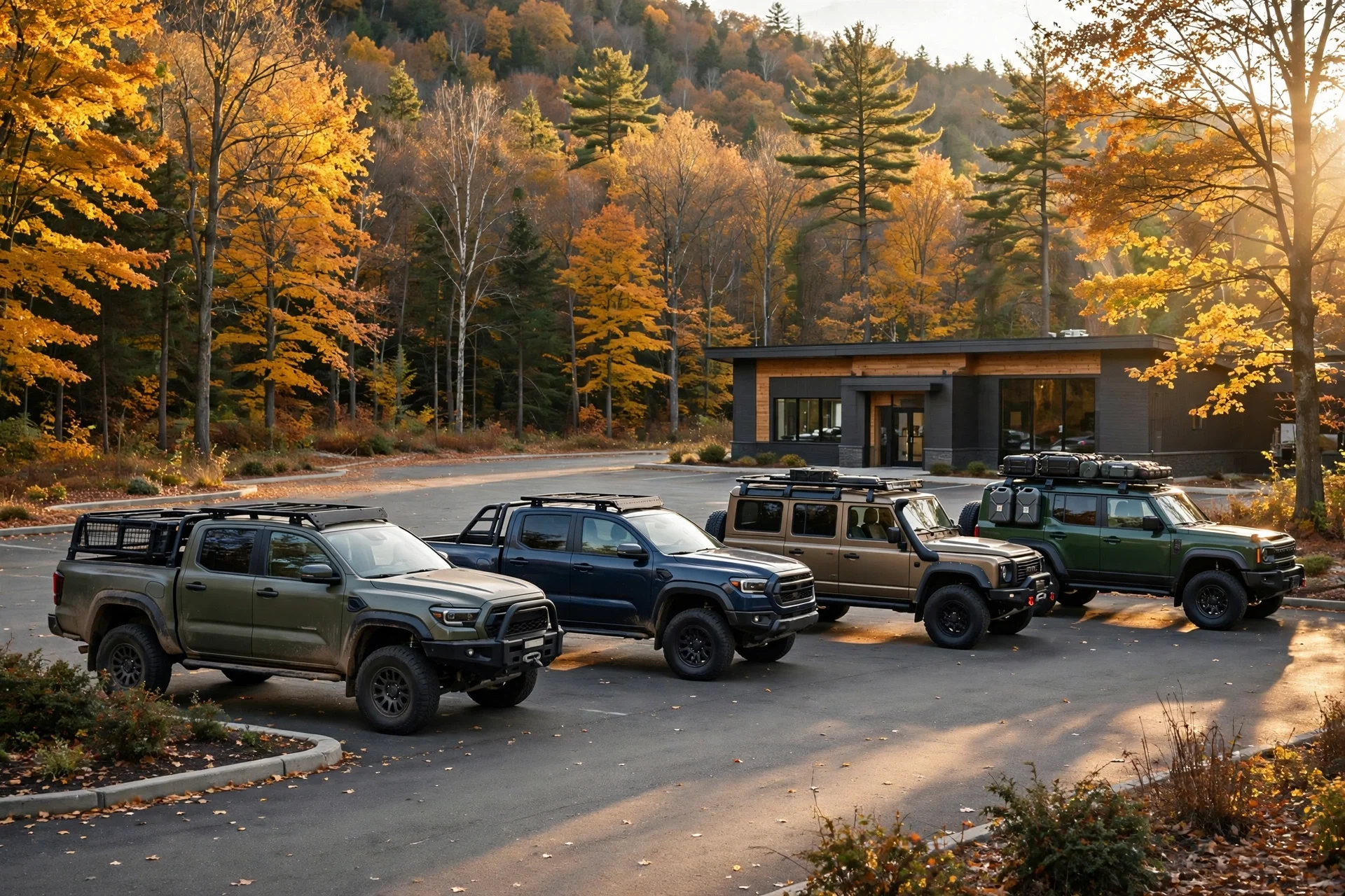 New Ram trucks and Jeep SUVs outside a dealership near Portland Maine in the afternoon