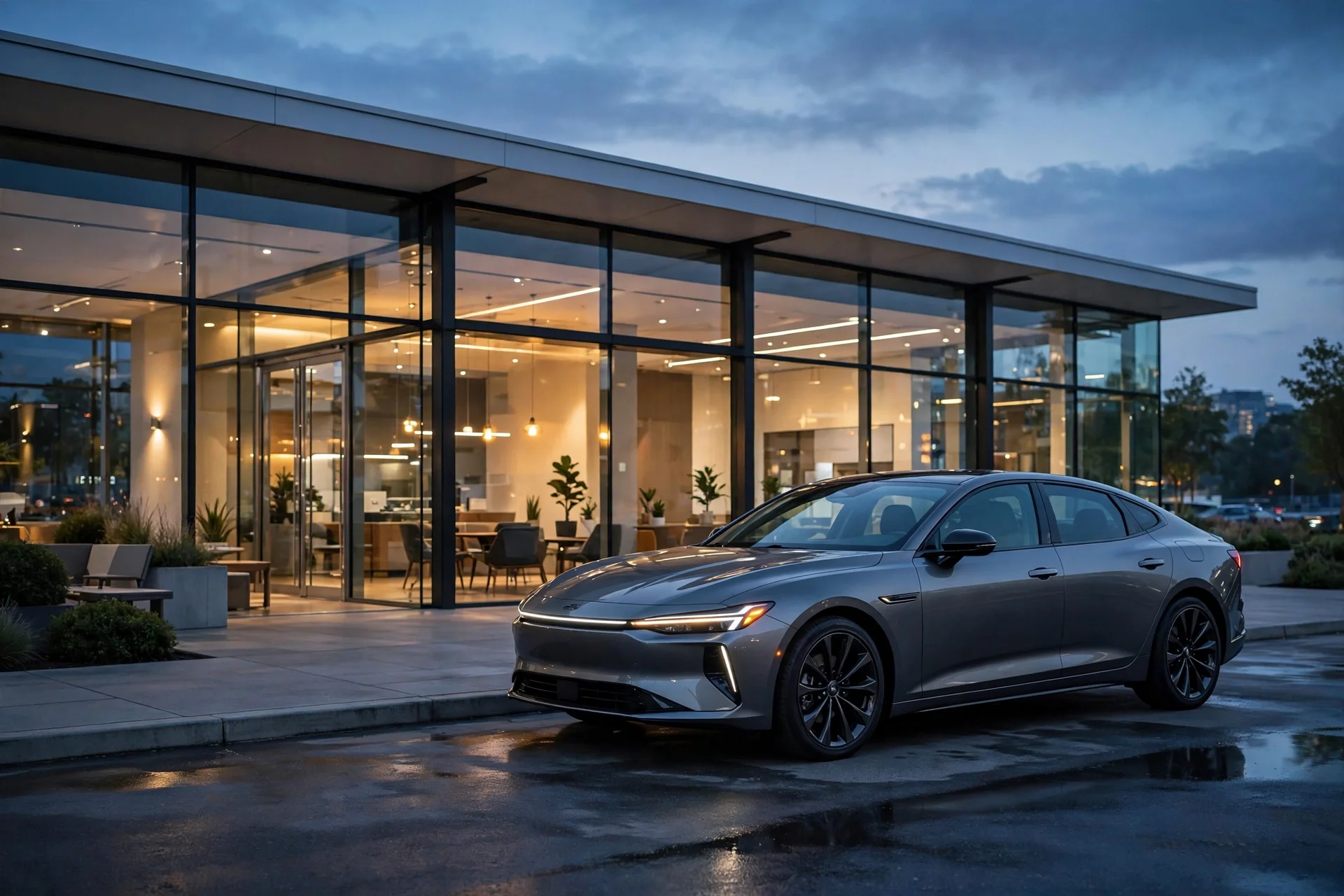 A new Hyundai-style sedan outside a dealership at dusk