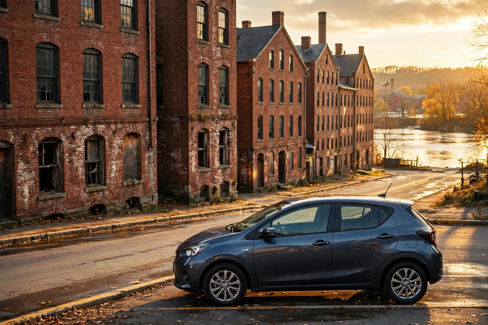 A compact hatchback by historic brick mill buildings in New Hampshire