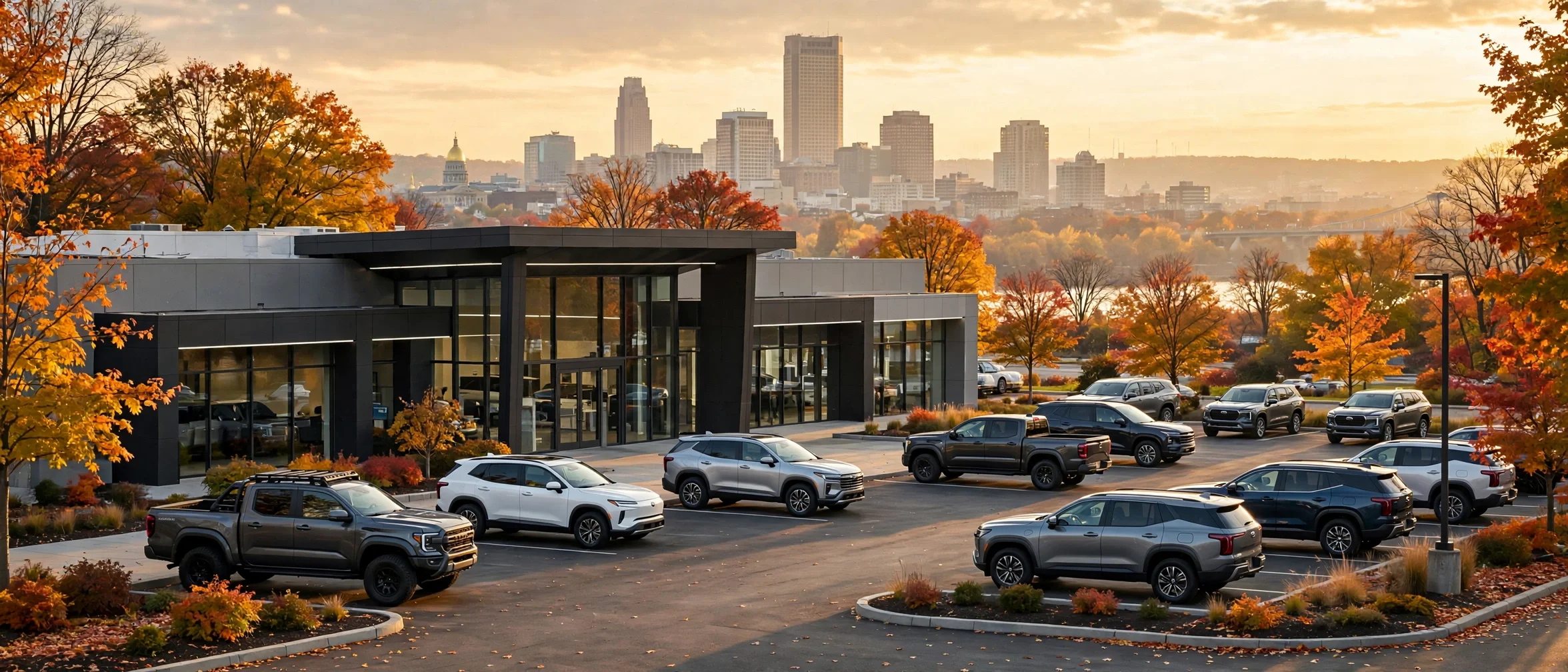 New Chevrolet trucks and SUVs outside a Hartford Connecticut dealership at golden hour