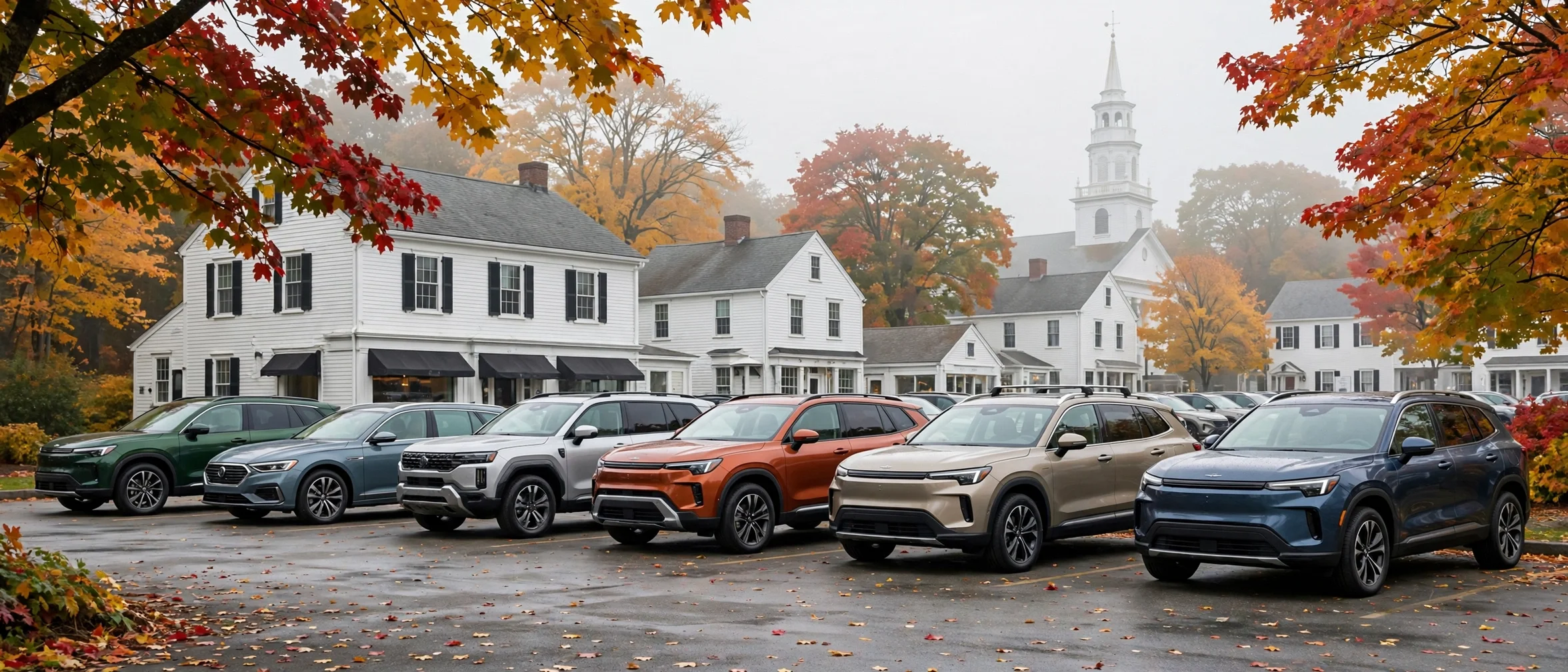 New SUVs and wagons at a Connecticut Subaru dealership in autumn