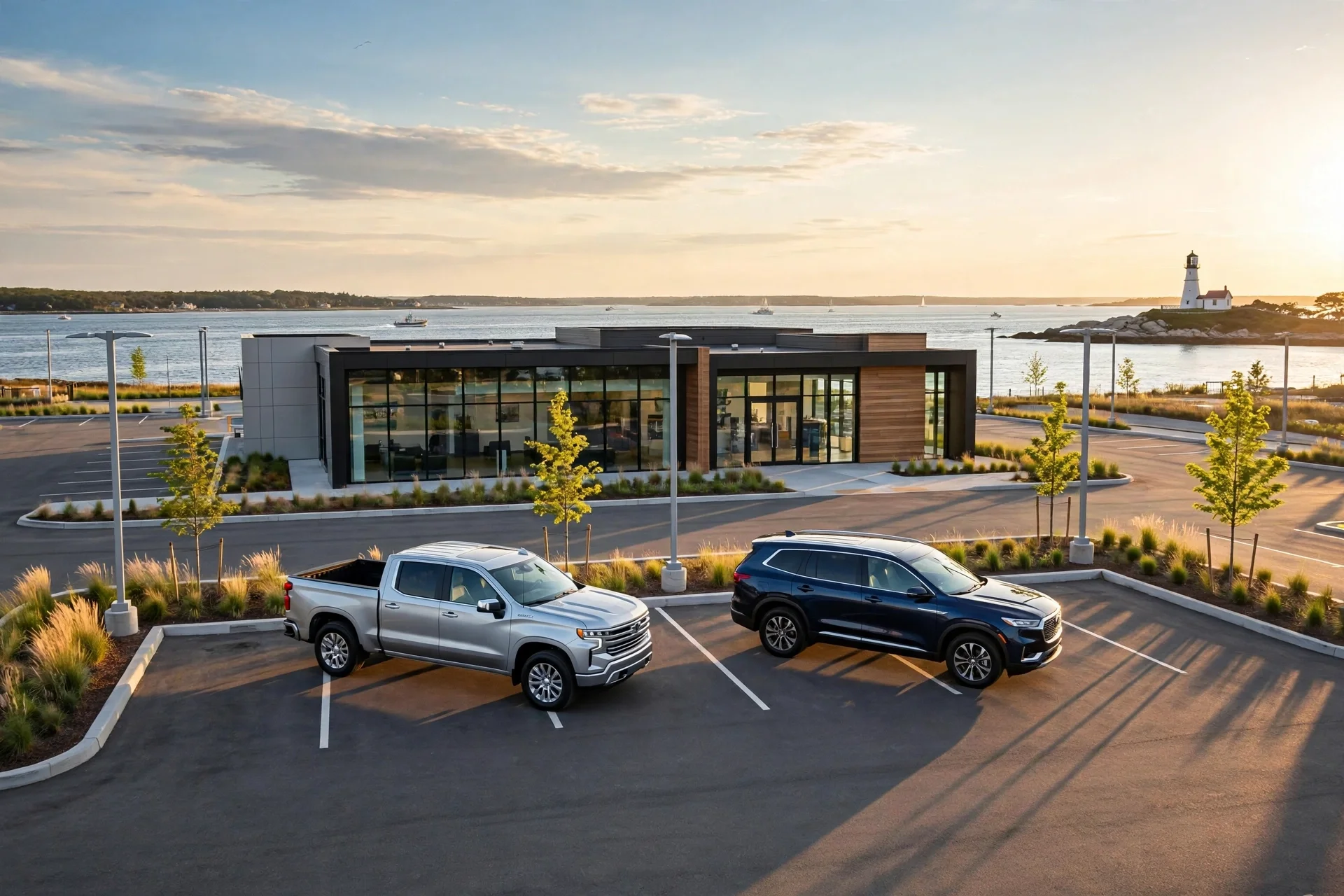 Chevrolet dealership on the Rhode Island coast at sunset
