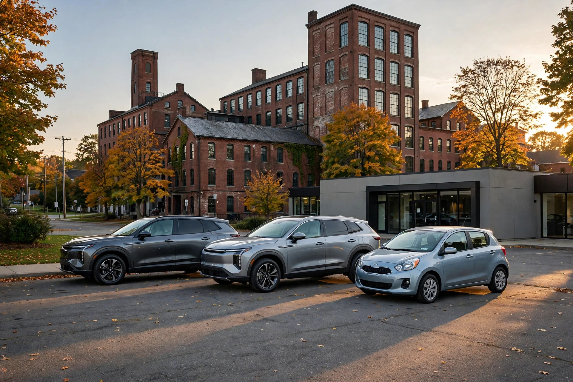 New Volkswagen SUVs outside a dealership in Rhode Island in the afternoon