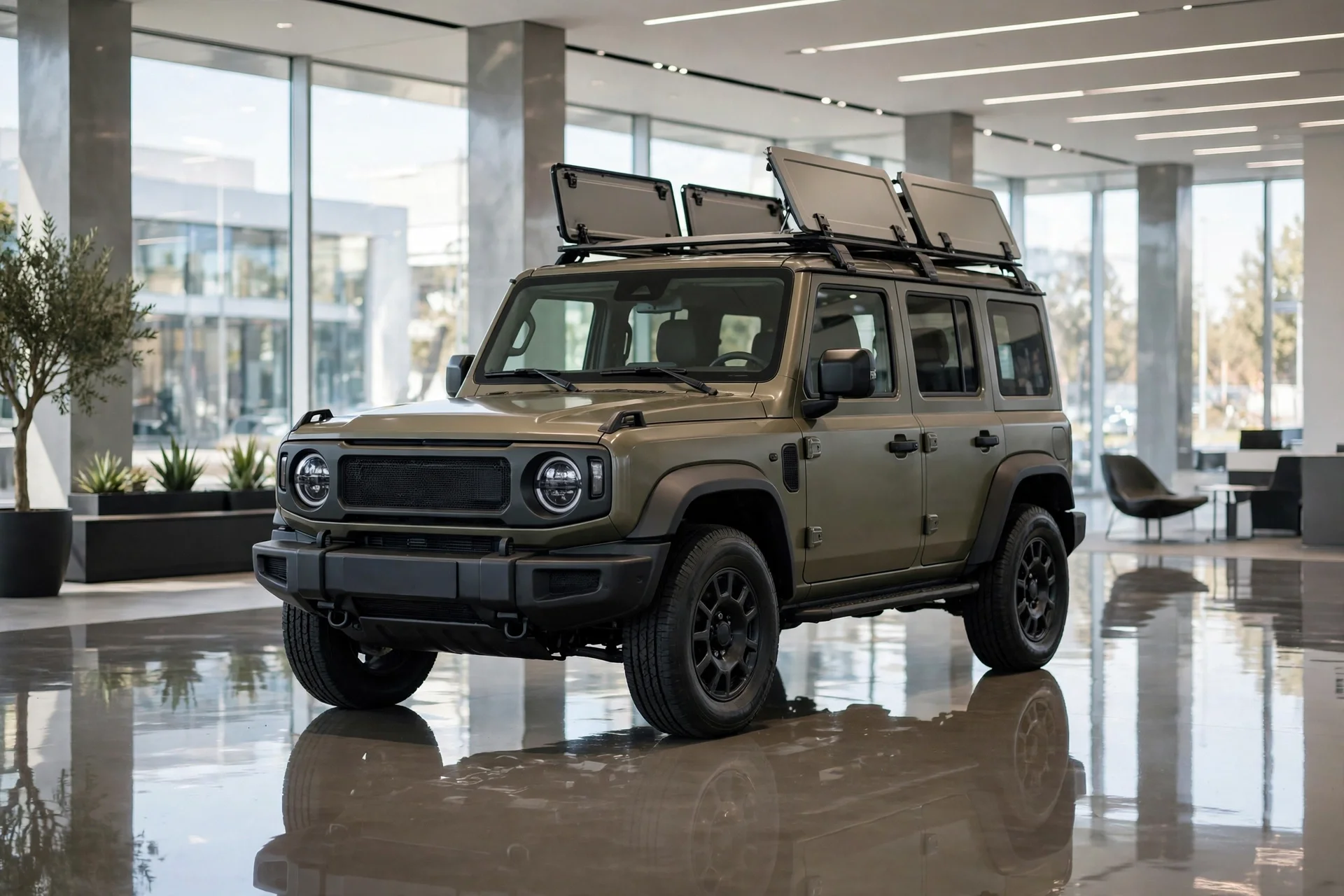 A new Jeep Wrangler-style rugged off-road SUV in a dealership showroom.