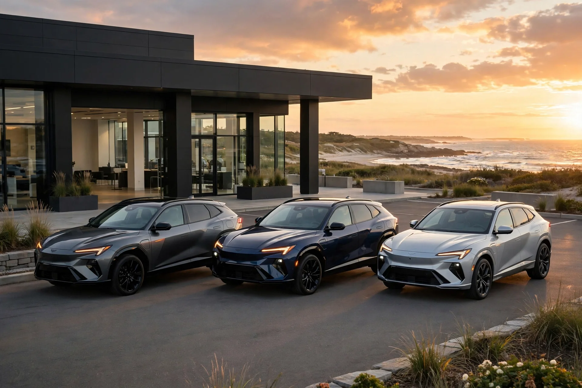 New Mazda SUVs outside a dealership near the Rhode Island coast at sunset