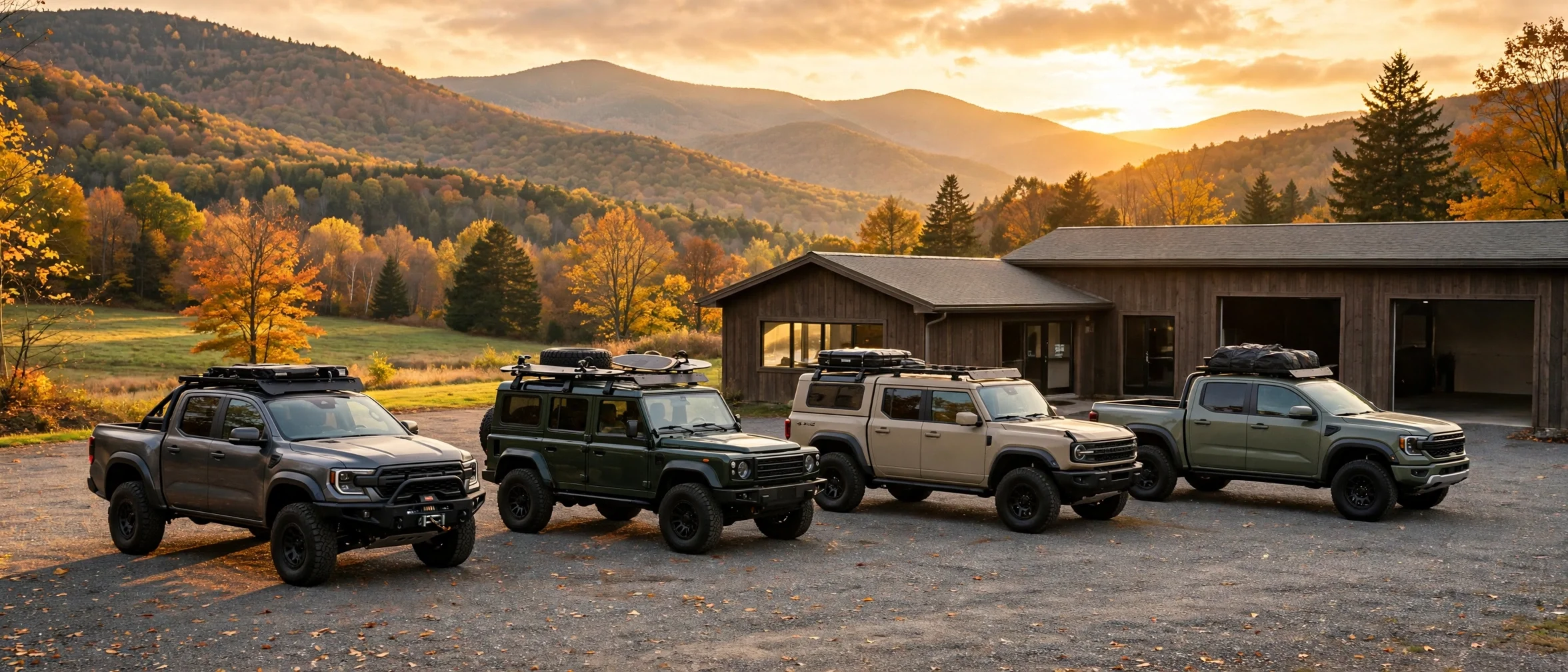 New Ram trucks and Jeep SUVs outside a dealership in Vermont with the Green Mountains behind