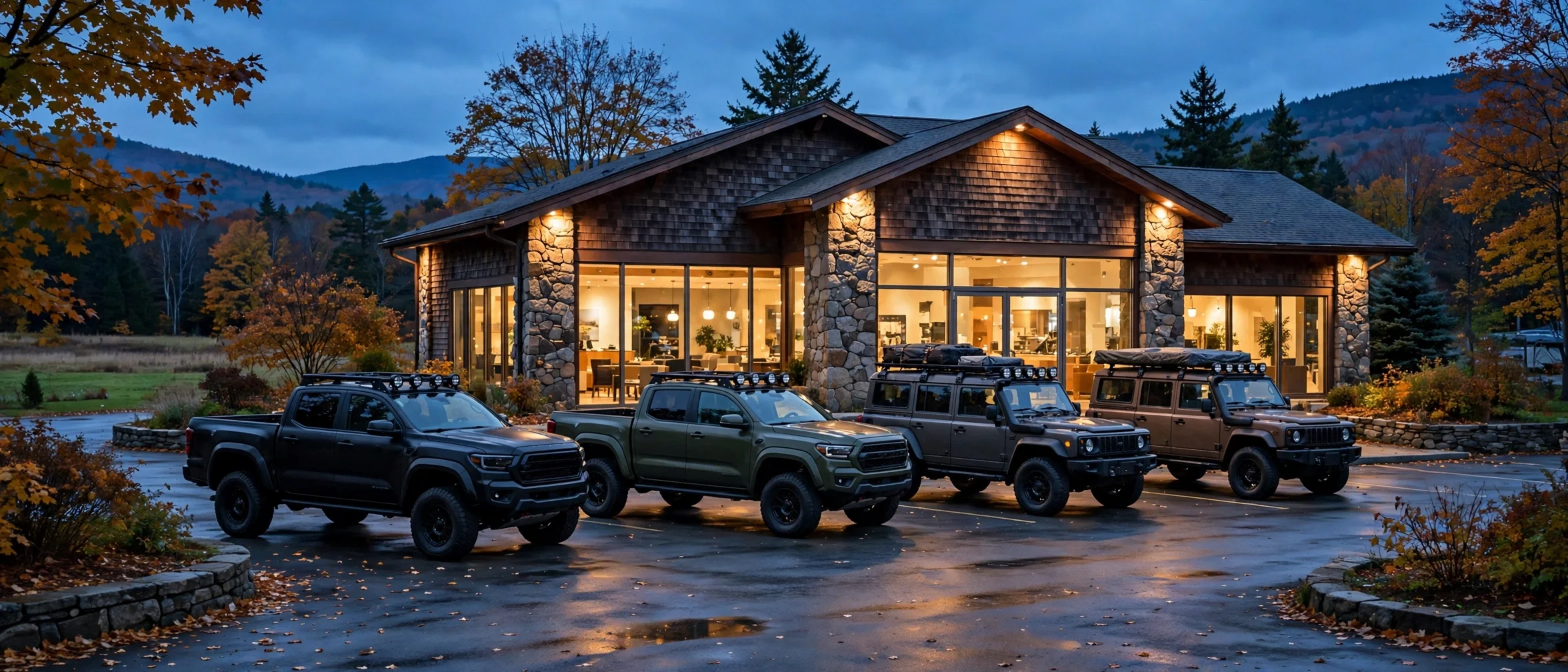New Ram trucks and Jeep SUVs outside a Rhode Island dealership at dusk