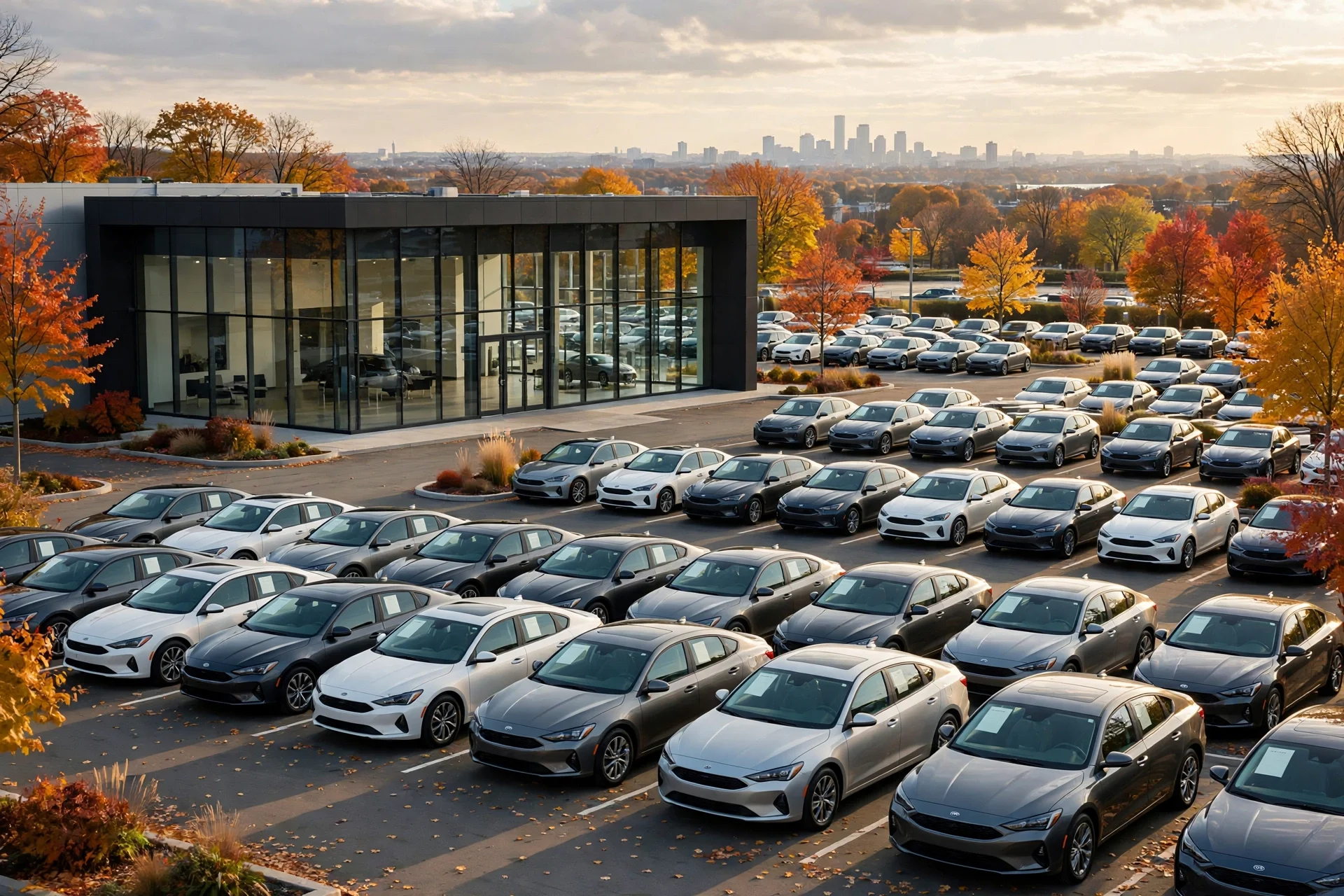 A new car dealership showroom and lot in Massachusetts in autumn