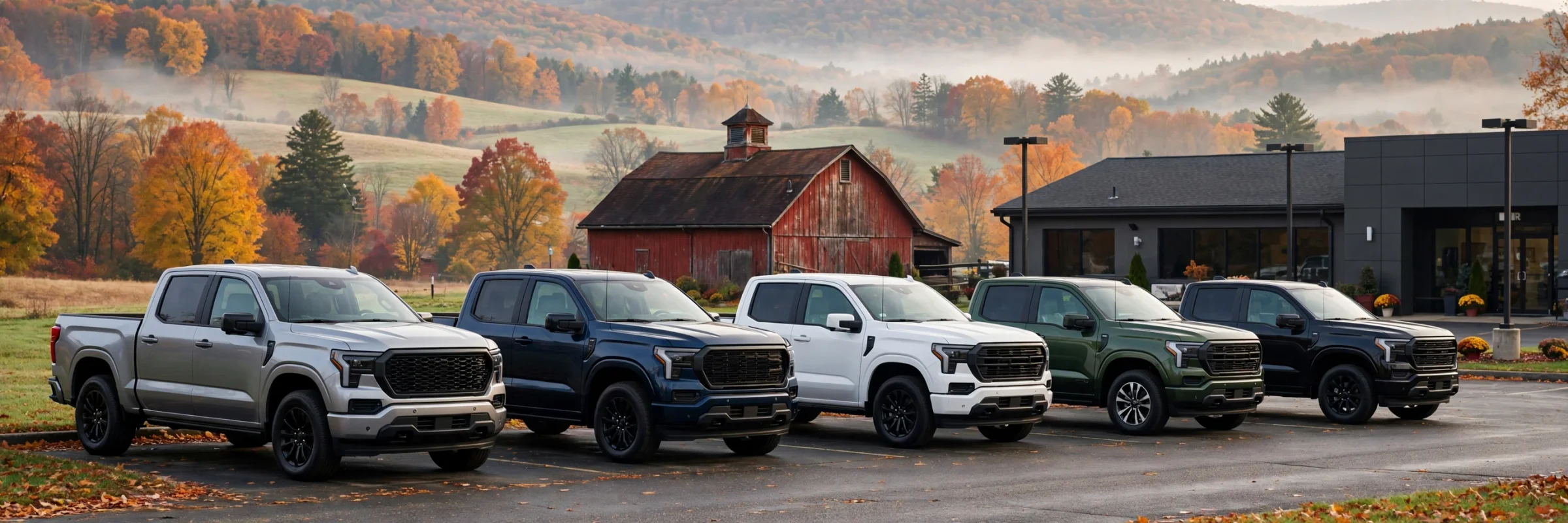 New Ford pickup trucks outside a Connecticut dealership in the morning