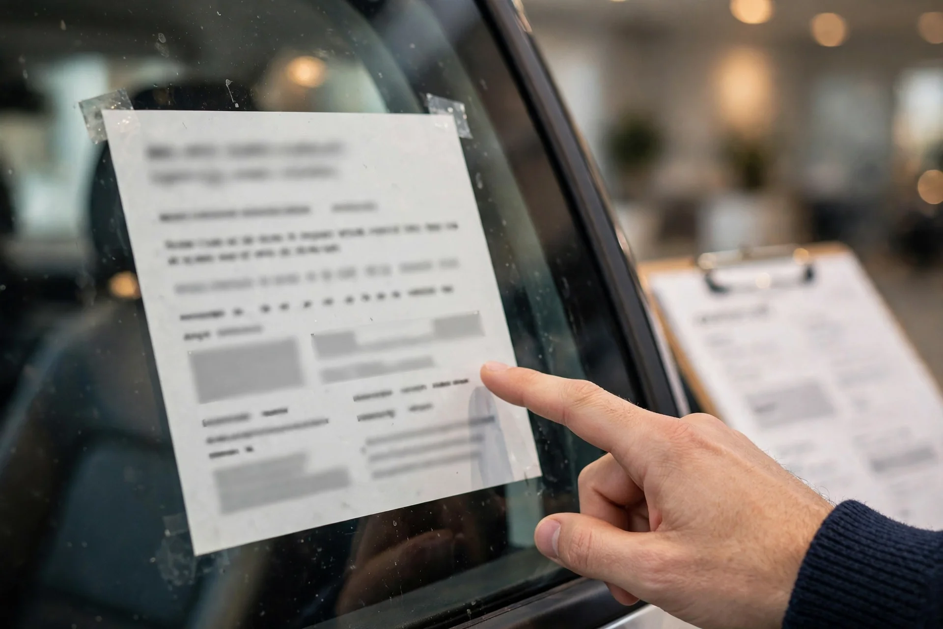 A shopper pointing at a new car window sticker in a showroom