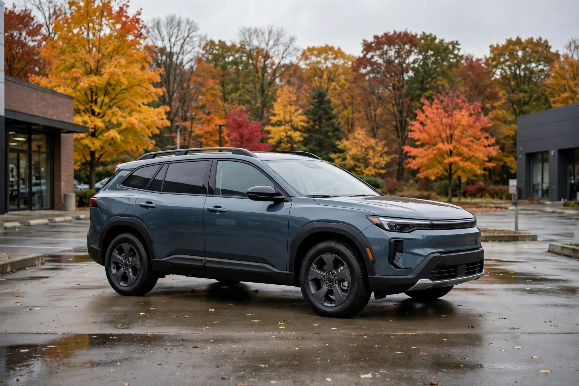 An all-wheel-drive crossover wagon on a dealership forecourt in autumn